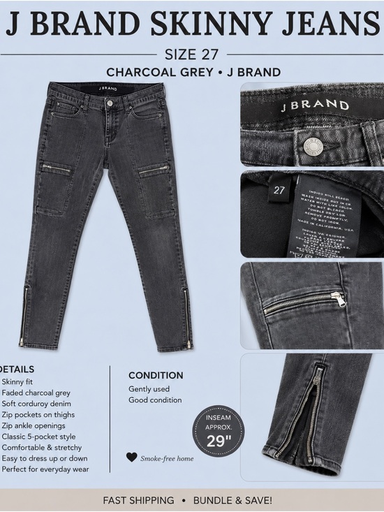 J Brand Denim - J Brand Charcoal Grey Skinny Jeans with Zip Details